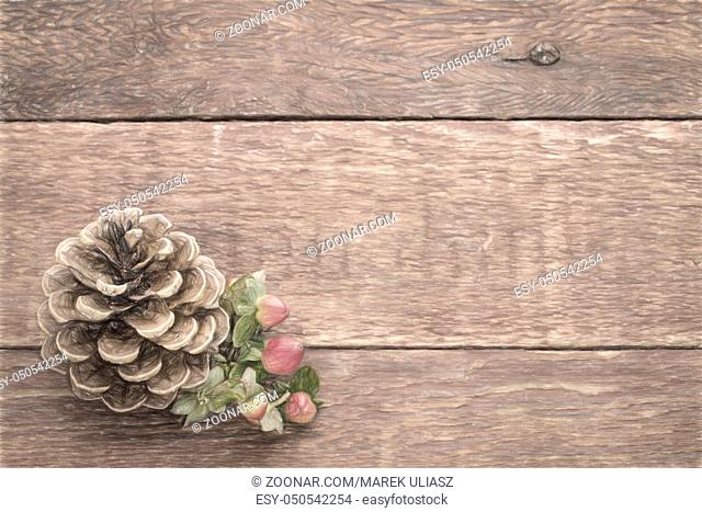 Pine cone with red berries against rustic barn wood with a copy space, digital painting filter applied