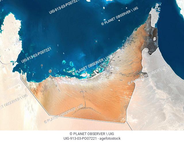 Satellite view of the United Arab Emirates (with country boundaries and mask). The image shows the Emirates of Dubai, Sharjah, Ajman, Umm al-Quwain