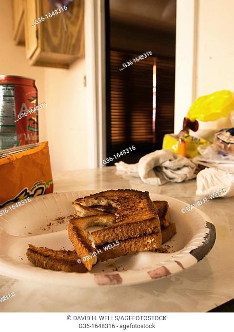 Half-eaten sandwich in dirty kitchen in a foreclosed house in Huntington Park, California, United States