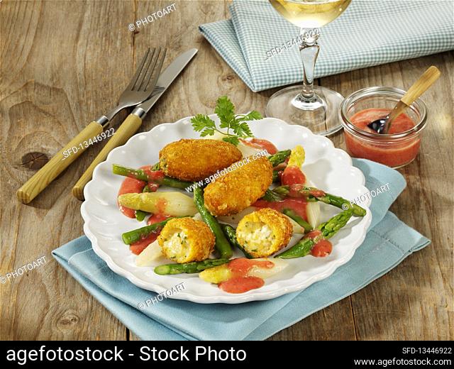 Asparagus medley with mozzarella croquettes and a strawberry-mustard sauce
