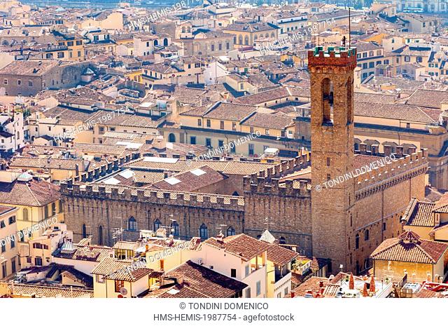Italy, Tuscany, Florence, UNESCO World Heritage Site, View over Florence from the Duomo , The tower of Bargello