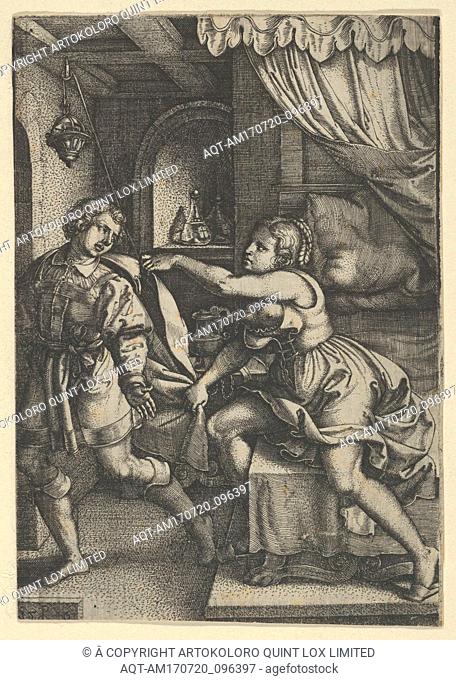 Joseph and Potiphar's Wife, from The Story of Joseph, 1546, Engraving, Sheet: 4 1/2 Ã— 3 1/16 in. (11.5 Ã— 7.7 cm), Prints, Georg Pencz (German, Wroclaw ca