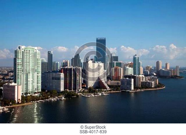 Aerial of Brickell District of Downtown Miami Skyline from over Biscayne Bay