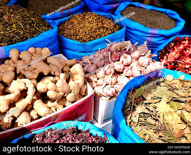 Closeup of spices and herbs in traditional market, Essaouira, Moroccco. High quality photo