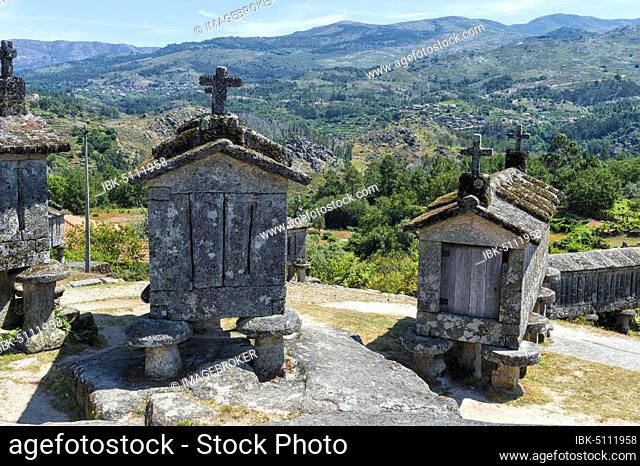 Traditional Espigueiros, Granary, Soajo village, Peneda Geres National Park, Minho province, Portugal, Europe