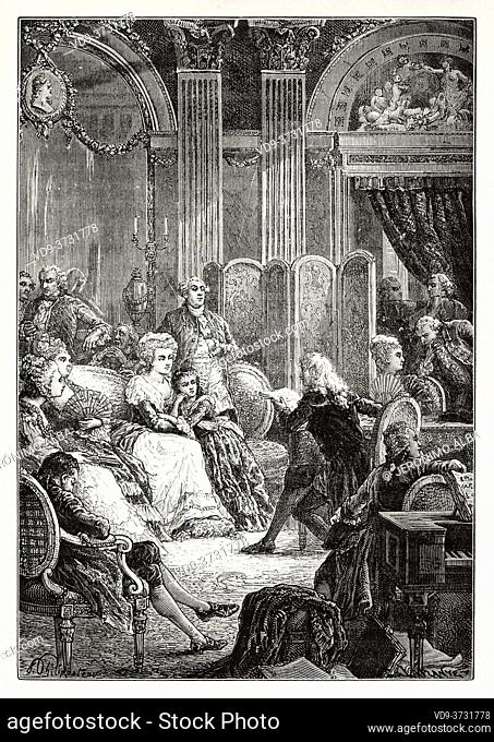 The salon of Suzanne Curchod, Madame Necker (1737-1794) Swiss women of letters. France. Old XIX century engraving illustration