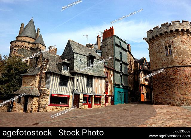 Medieval houses in front of the castle of Vitre, Brittany, France, Europe