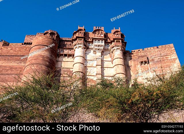 mehrangarh fort exterior viewed from below. A famous landmark fort in Jodhpur, Rajasthan, India