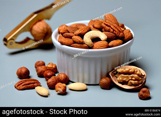 Mixed nuts in shell and nutcracker, nut mix, nut mixture, walnut, pecan, hazelnut, hazelnuts, cashew nuts, almonds