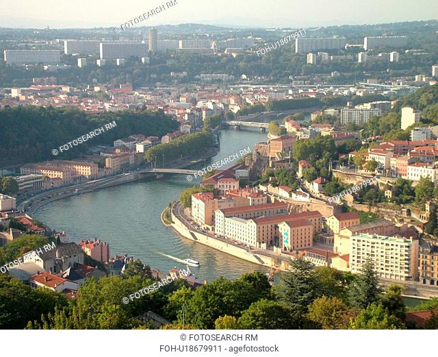 France, Lyon, Rhone-Alpes, Europe, Saone River, aerial view of downtown Lyon from Fourviere Hill