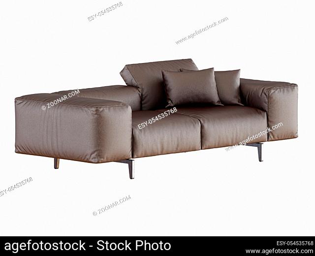 Brown soft leather sofa side view on a white background 3d rendering