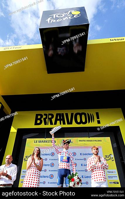 Italian Giulio Ciccone of Lidl-Trek celebrates on the podium in the red polka-dot jersey for best climber after stage 20 of the Tour de France cycling race from...