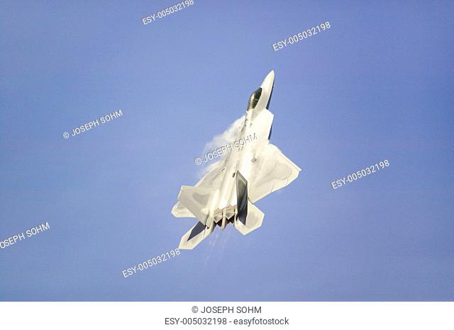 US Air Force F-22A Raptor Jet Fighter making extreme turn at the 42nd Naval Base Ventura County NBVC Air Show at Point Mugu, Ventura County, Southern California