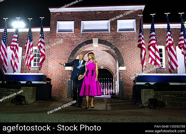 United States President Donald J. Trump and First Lady Melania Trump arrive as Vice President Mike Pence delivers remarks on the third night of the Republican...