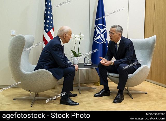 March 24, 2022, Brussels, Belgium: U.S President Joe Biden, left, holds a bilateral meeting with NATO Secretary General Jens Stoltenberg on the sidelines of the...