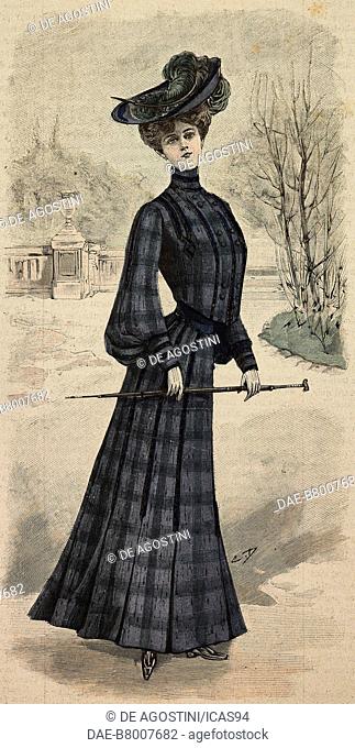 Woman wearing a checkered woolen dress, with pleats, puffed sleeves and a felt hat with feathers, creation by Madame Goery, engraving from La Mode Illustree