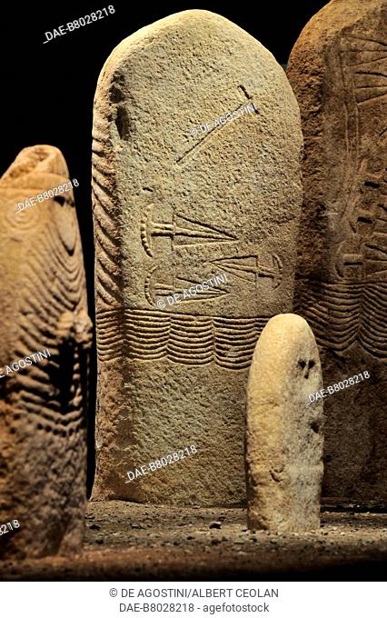 Prehistoric stele at MAG, Upper Garda Museum, Riva del Garda, Lake Garda, Trentino-Alto Adige, Italy. Riva del Garda, Museo Civico MAG (Art Museum)