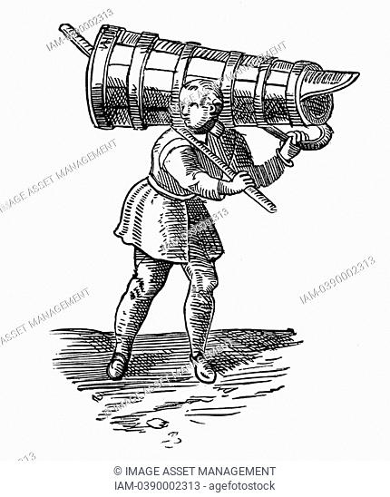 An apprentice, carrying a vessel wooden as tall as himself, on his way to fetch water  Engraving from Braun 'Civitates Orbis Terrarum' 1572
