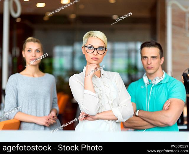 Portrait of young business people discussing business plan in the startup office