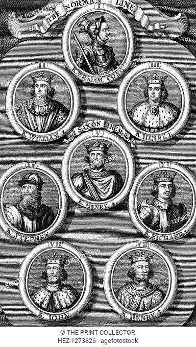 Kings of England. Portraits of William the Conqueror, William II, Henry I, Henry II, Stephen, Richard I, John and Henry III