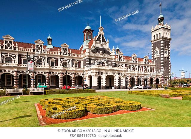 Dunedin Railway Station, now only used by the Taieri Gorge preservation railway, seen across the gardens in Anzac Square