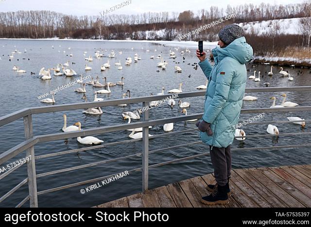 RUSSIA, ALTAI REGION - FEBRUARY 24, 2023: A woman takes a picture as she stands by Lake Svetloye (Lebedinoye) in the Lebediny Nature Reserve