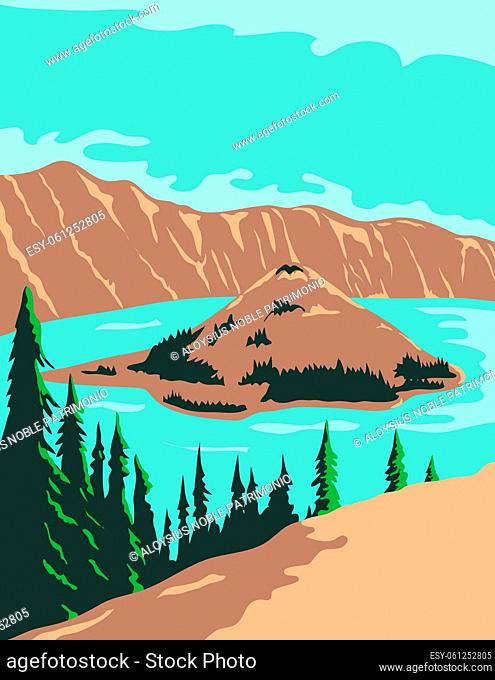 WPA poster art of Crater Lake National Park, a crater lake with Wizard Island and Phantom Ship in Klamath County, Oregon United States in works project...