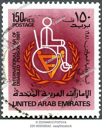 UAE - 1981: shows man in wheelchair, international year of disabled persons 1981