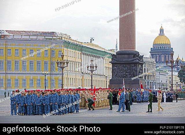 Military parade of Russian cadets in front of the Hermitage at Palace Square in the city Saint Petersburg, Russia