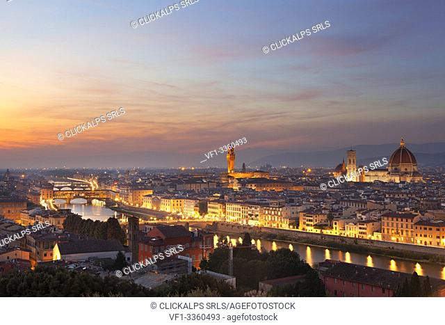Overview of Florence at dusk from Piazzale Michelangelo, Florence, Tuscany, Italy