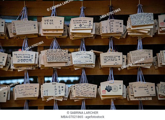 Asia, Japan, Nihon, Nippon, Tokyo, Shibuya, Wooden Japanese prayer tablets with wishes