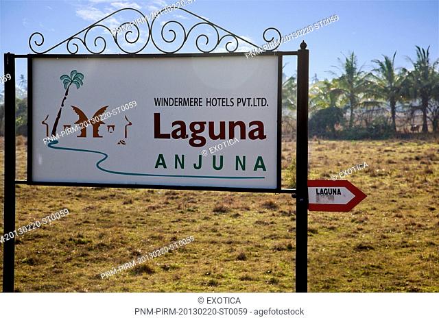 Sign board of a hotel, Laguna Anjuna, Sorantto Vado, Anjuna, Bardez, North Goa, Goa, India