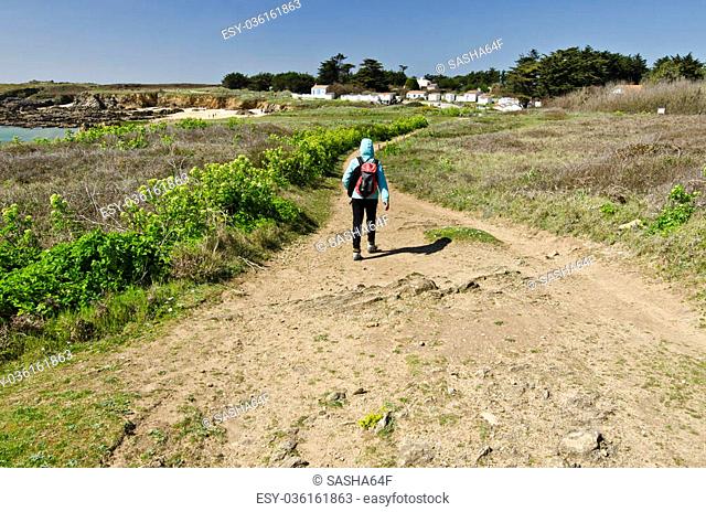 Girl teenager photographed from the back walk along the walk pass bordered with green vegetation. Rocky and sandy beach and lonely island houses are at...