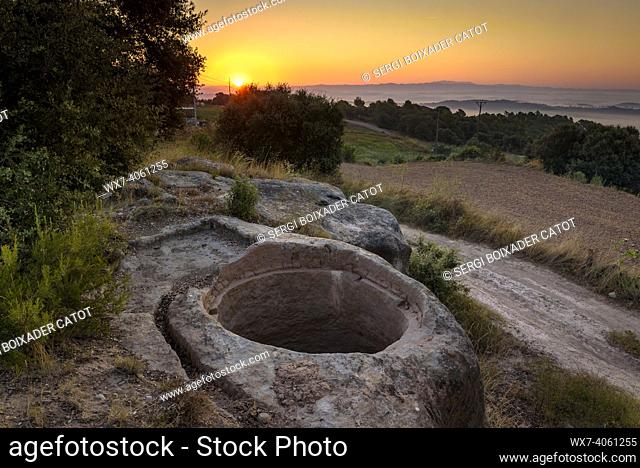 Sunrise in the vineyards near Castelladral. Tub excavated in the stone (NavÃ s, Barcelona, Catalonia, Spain)