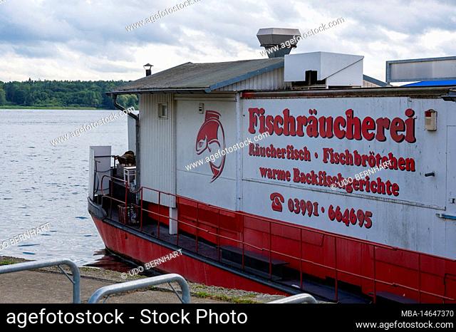 Germany, Mecklenburg-Western Pomerania, Mecklenburg Lake District, Waren (Mueritz), ship, fish smokehouse