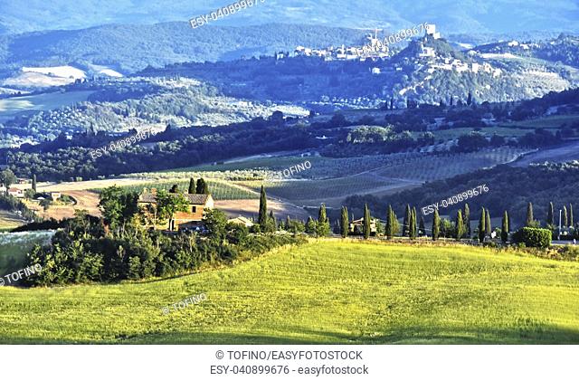 VAL D'ORCIA, ITALY - JUNE 12, 2017: Landscape view of Val d'Orcia, Tuscany, Italy. UNESCO World Heritage Site