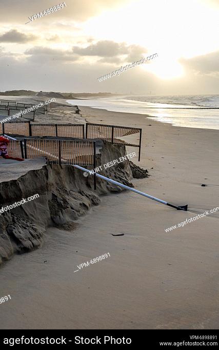 Illustration shows sandcliffs and damage at Belgian coast in Wenduine, after heavy winds with stoarm Corrie passing in Belgium, Monday 31 January 2022