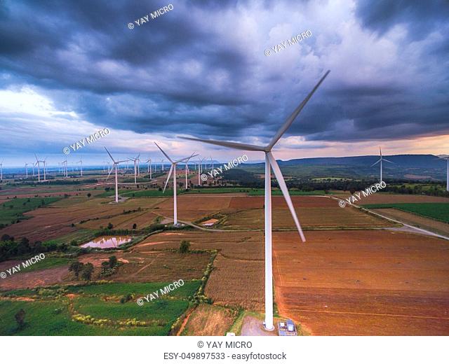Aerial view of wind turbine power generator farm
