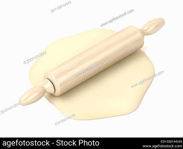 Raw dough and rolling pin on white background