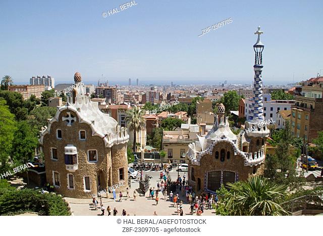 Park Guell gingerbread gatehouses with view over the city