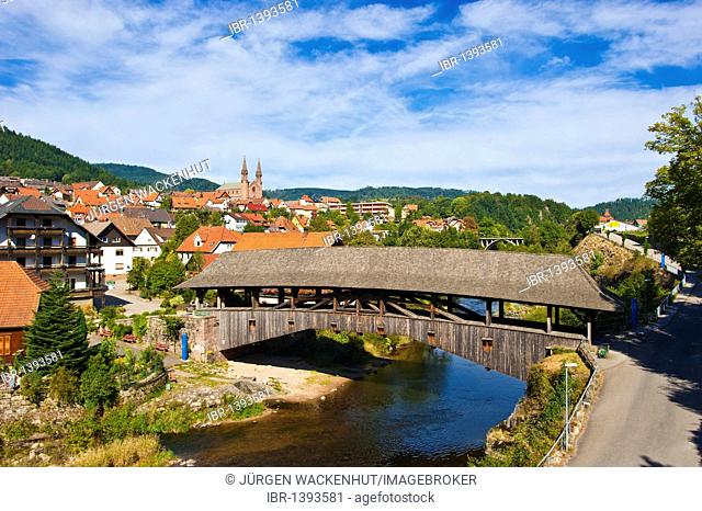 Historic wooden bridge over the Murg river, Forbach, Black Forest, Baden-Wuerttemberg, Germany, Europe