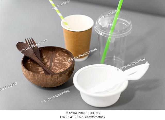 close up of eco friendly and plastic tableware
