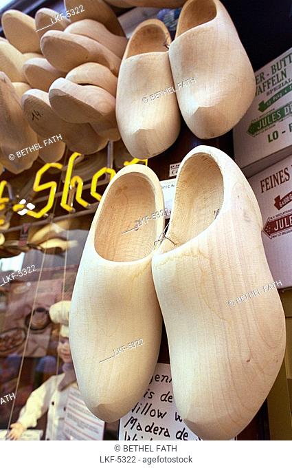 Clogs, wooden shoes on the outside of a shop, Bruges, Belgium, Europe