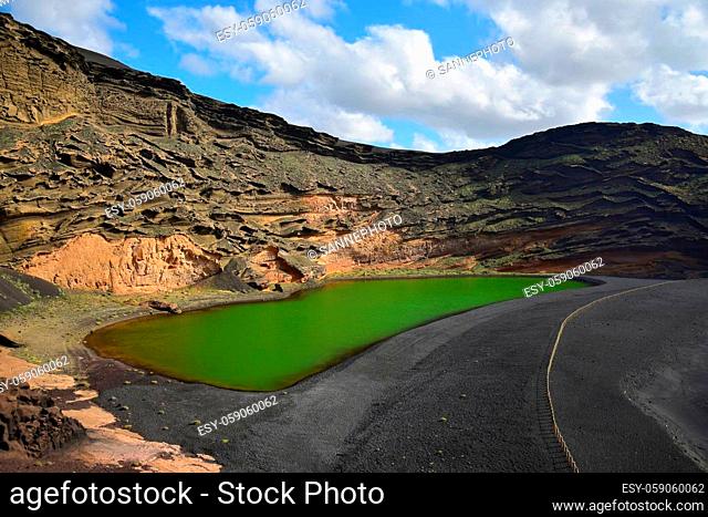 Charco de los Clicos, the green lake near El Golfo. Lanzarote, Canary Islands, Spain