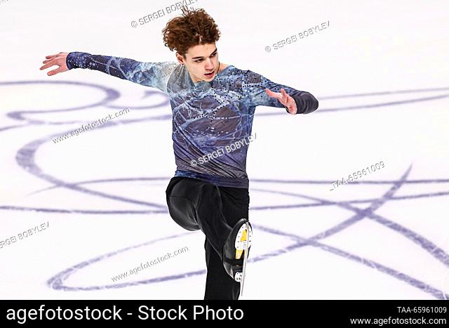 RUSSIA, CHELYABINSK - DECEMBER 21, 2023: Figure skater Vladislav Dikidzhi performs during a men's short programme event as part of the 2024 Russian Figure...