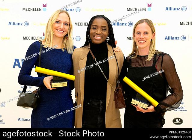 Hanne Claes, Carole Kaboud Me Bam and Imke Vervaet pictured at the 'Golden Spike' athletics awards ceremony, Saturday 02 December 2023 in Mechelen