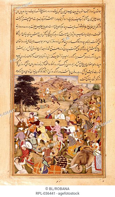 The body of Chingiz Khan carried in a box while his officers kill bystanders in order to keep his death a secret 1227. A miniature painting from a seventeenth...