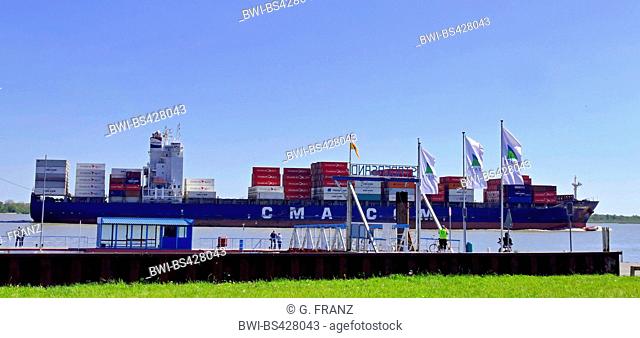 container ship CMA CGM Sambhar on Lower Elbe near Stadersand, Germany, Lower Saxony, Stade