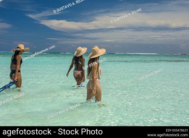 three women with snorkel and fins walking into blue water flat sea wearing hat and bikini