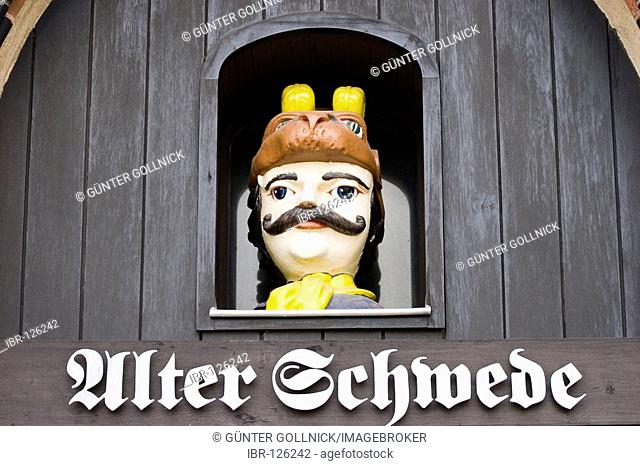 Facade of the restaurant alter schwede at the marketplace in the old town of wismar, mecklenburg-vorpommern, germany